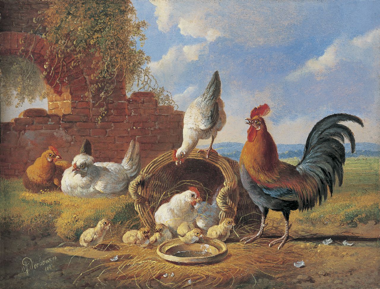 Verhoesen A. | Albertus Verhoesen, Pluimvee bij een ruïne, olieverf op paneel 18,6 x 24,1 cm, gesigneerd linksonder en gedateerd 1876 Verhoesen A. | Albertus Verhoesen, Pluimvee bij een ruïne, olieverf op paneel 18,6 x 24,1 cm, gesigneerd linksonder en gedateerd 1876
