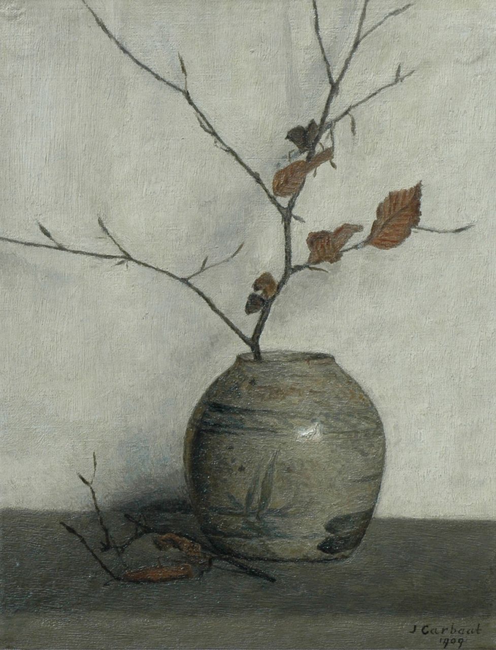 Carbaat J. | Jan Carbaat, Stilleven met tak, olieverf op karton 38,0 x 29,0 cm, gesigneerd rechtsonder en gedateerd 1909 Carbaat J. | Jan Carbaat, Stilleven met tak, olieverf op karton 38,0 x 29,0 cm, gesigneerd rechtsonder en gedateerd 1909