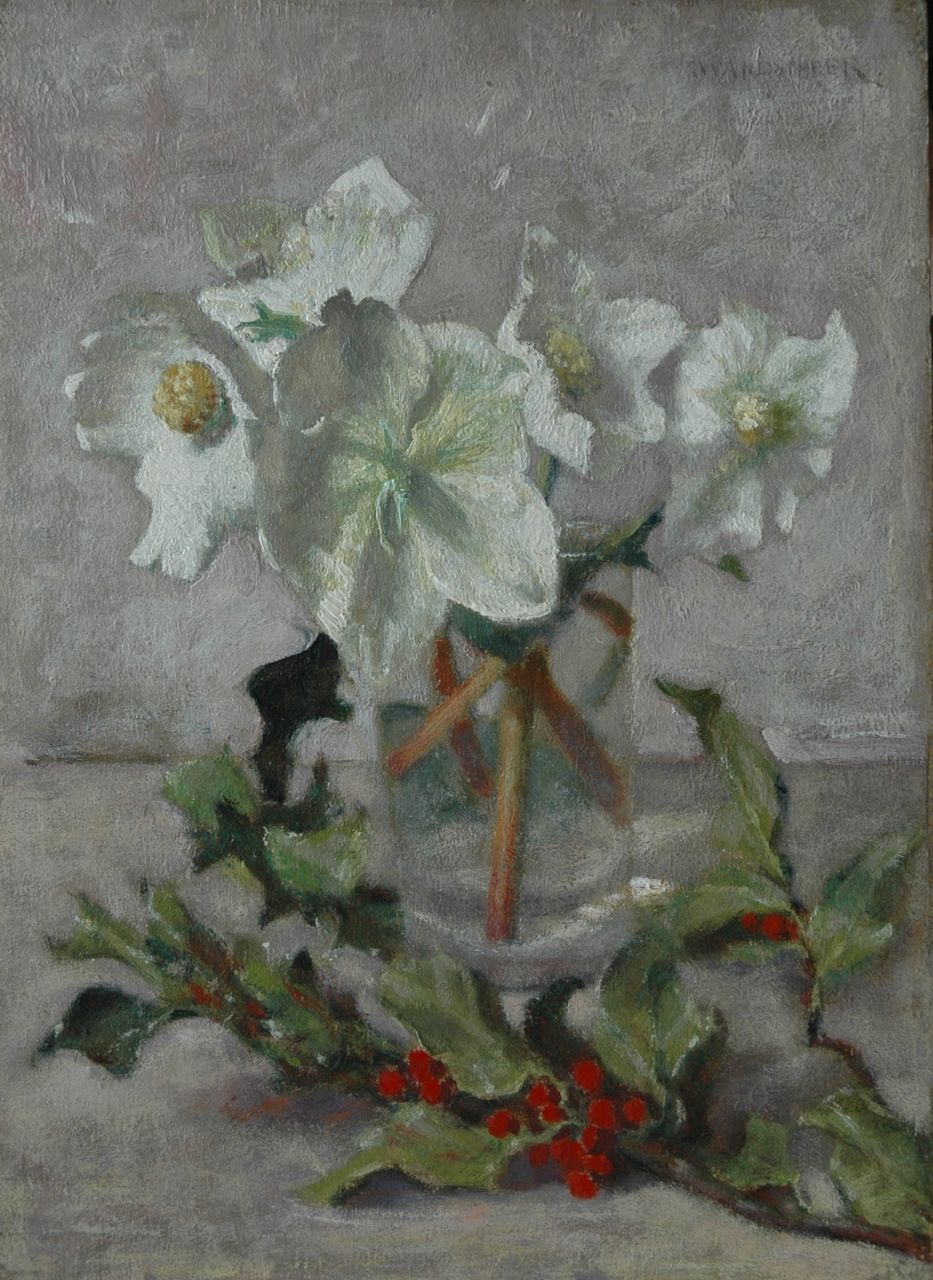 Wandscheer M.W.  | Maria Wilhelmina 'Marie' Wandscheer, Kerstroosjes, olieverf op paneel 32,0 x 23,3 cm, gesigneerd rechtsboven en verso