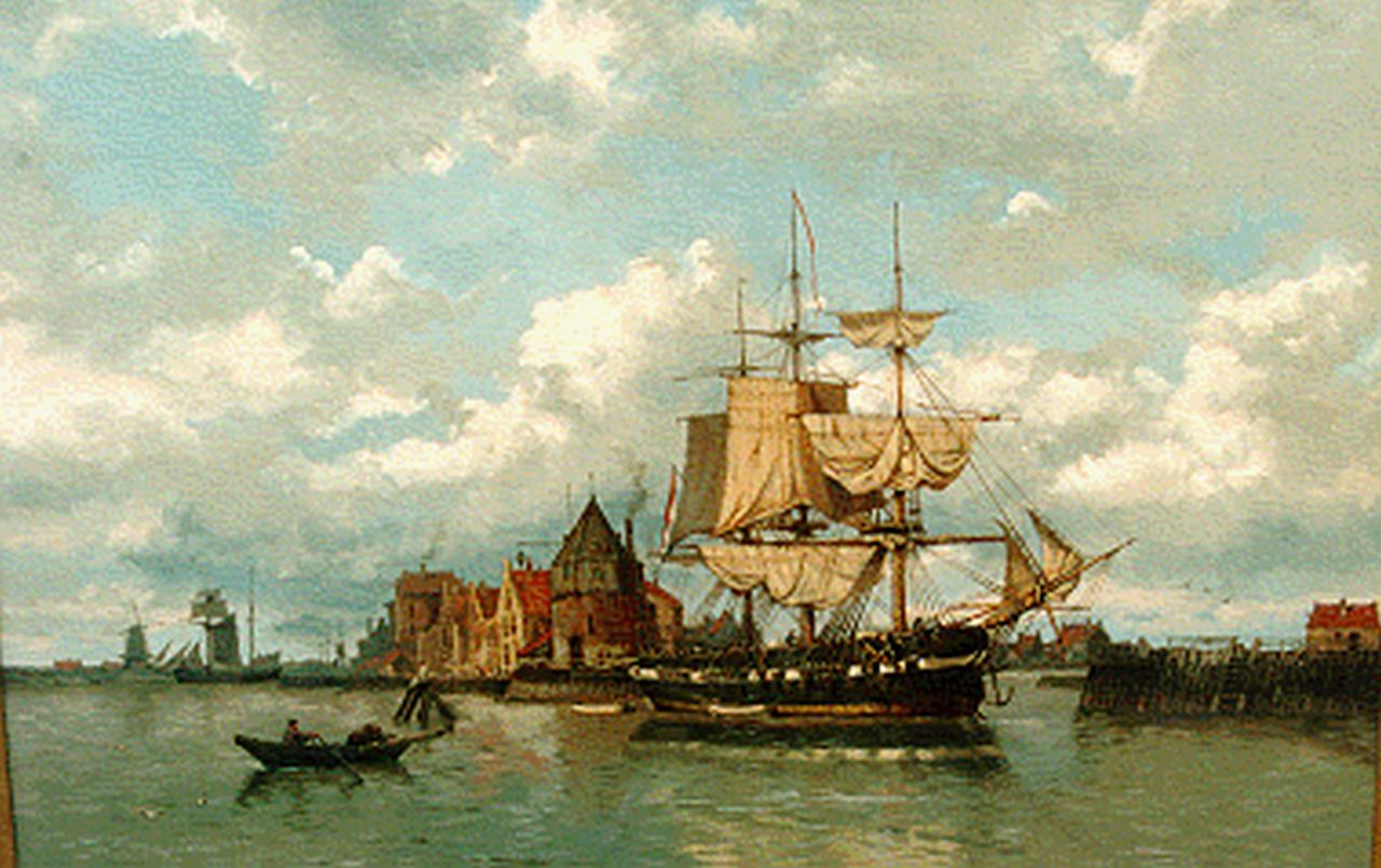 Koekkoek G.J. | Gerardus Johannes 'Gerard' Koekkoek, 'n Driemaster in de haven van Hoorn, olieverf op doek 63,0 x 84,0 cm, gesigneerd rechtsonder Koekkoek G.J. | Gerardus Johannes 'Gerard' Koekkoek, 'n Driemaster in de haven van Hoorn, olieverf op doek 63,0 x 84,0 cm, gesigneerd rechtsonder
