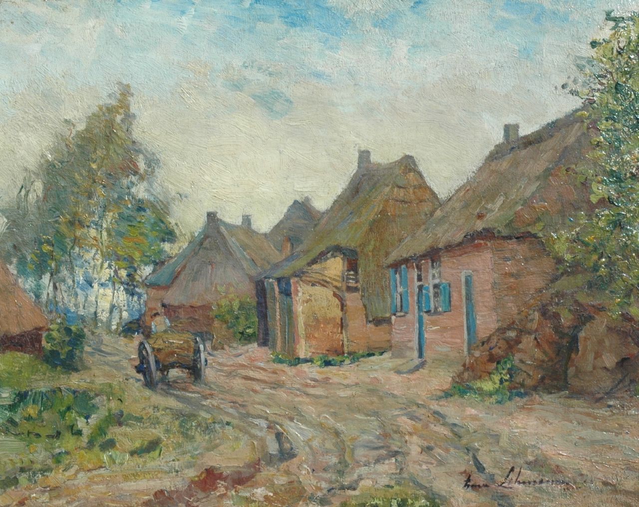 Lehmann A.E.F. | 'Anna' Elisabeth Frederika Lehmann, Landweggetje met hooikar, olieverf op doek 33,5 x 41,5 cm, gesigneerd rechtsonder en op spieraam Lehmann A.E.F. | 'Anna' Elisabeth Frederika Lehmann, Landweggetje met hooikar, olieverf op doek 33,5 x 41,5 cm, gesigneerd rechtsonder en op spieraam
