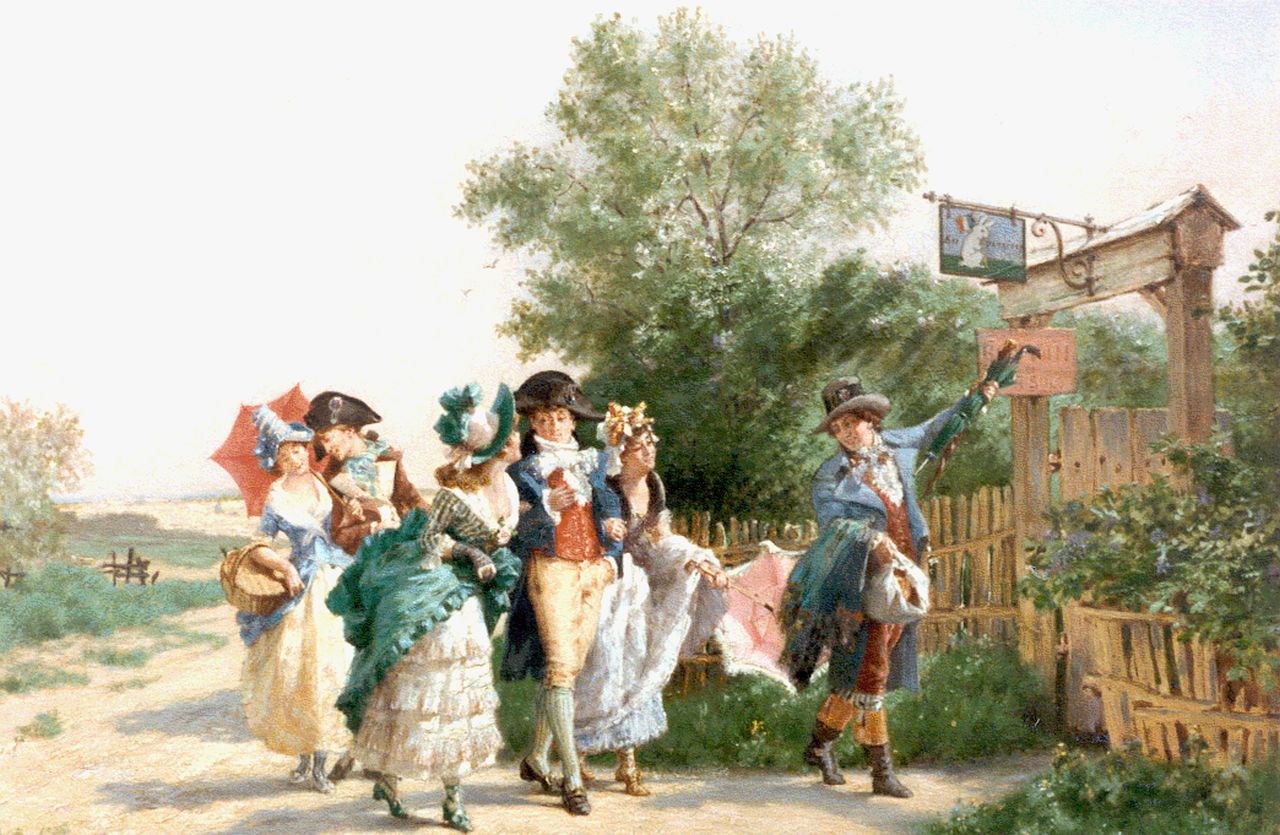 Coëssin de la Fosse Ch.A. | Charles-Alexandre Coëssin de la Fosse, Vrolijk gezelschap bij de herberg, olieverf op paneel 33,1 x 47,2 cm, gesigneerd linksonder Coëssin de la Fosse Ch.A. | Charles-Alexandre Coëssin de la Fosse, Vrolijk gezelschap bij de herberg, olieverf op paneel 33,1 x 47,2 cm, gesigneerd linksonder