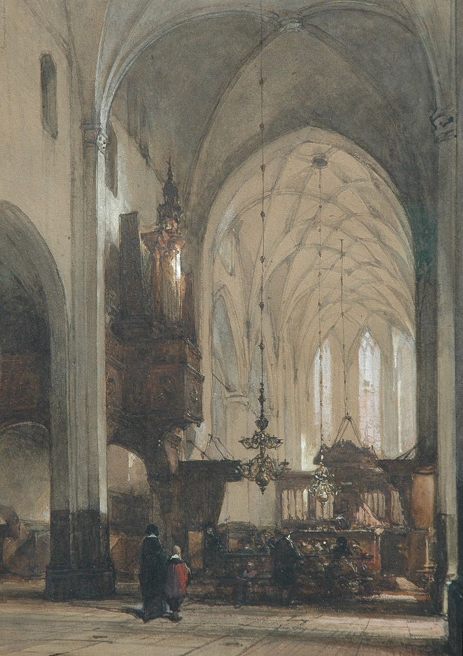 Bosboom J. | Johannes Bosboom, Kerkdienst in de Grote Kerk te Hattem, aquarel op papier 49,5 x 36,0 cm, gesigneerd rechtsonder Bosboom J. | Johannes Bosboom, Kerkdienst in de Grote Kerk te Hattem, aquarel op papier 49,5 x 36,0 cm, gesigneerd rechtsonder