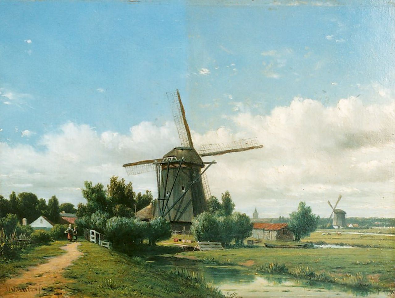 Maaten J.J. van der | Jacob Jan van der Maaten, Molenlandschap met personen op een pad, olieverf op paneel 21,0 x 28,5 cm, gesigneerd linksonder en gedateerd 1852 Maaten J.J. van der | Jacob Jan van der Maaten, Molenlandschap met personen op een pad, olieverf op paneel 21,0 x 28,5 cm, gesigneerd linksonder en gedateerd 1852