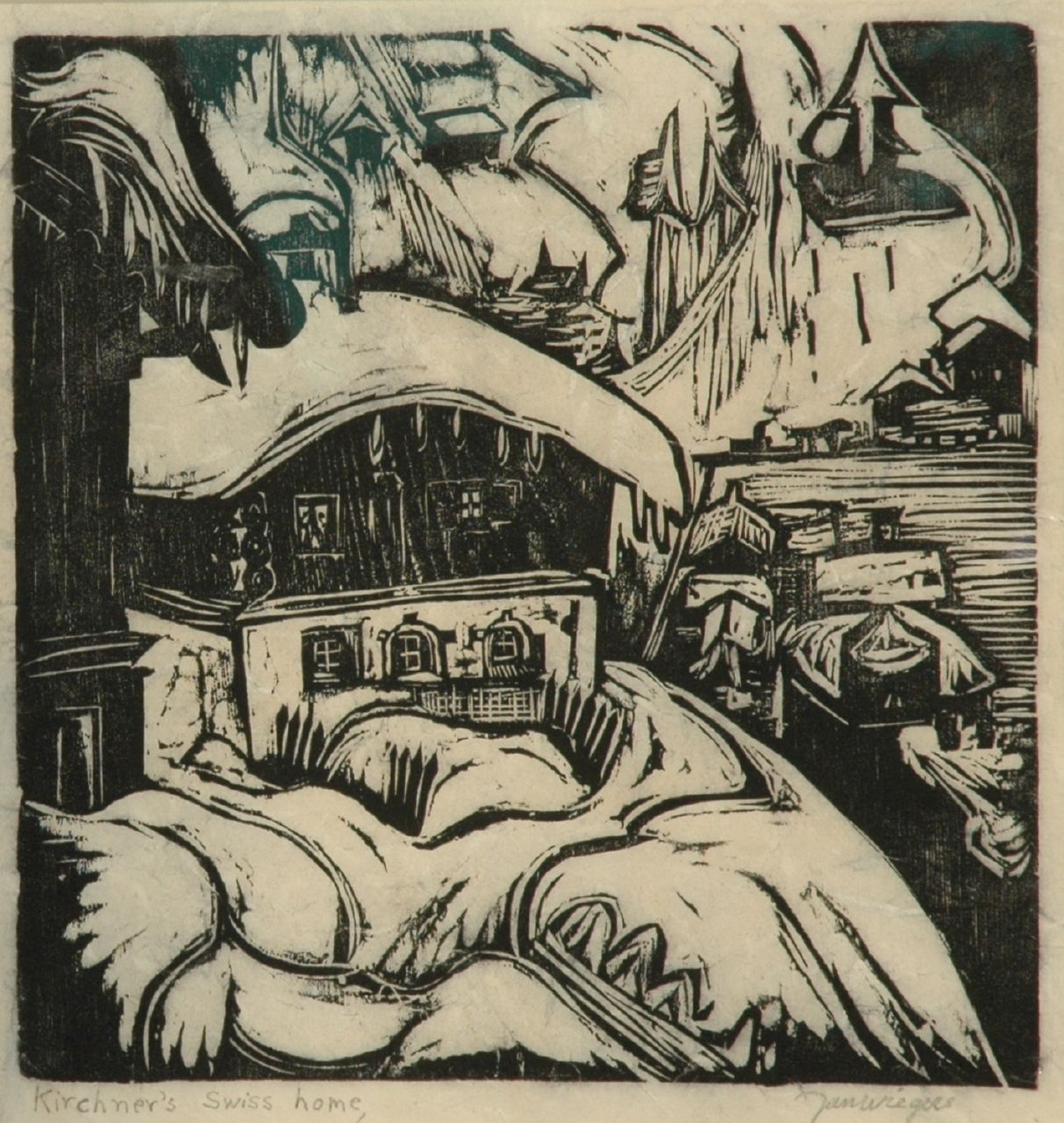 Wiegers J. | Jan Wiegers, Het huis van Ernst Ludwig Kirchner in Davos, houtsnede op Japans papier 31,0 x 32,5 cm, gesigneerd rechtsonder in potlood Wiegers J. | Jan Wiegers, Het huis van Ernst Ludwig Kirchner in Davos, houtsnede op Japans papier 31,0 x 32,5 cm, gesigneerd rechtsonder in potlood