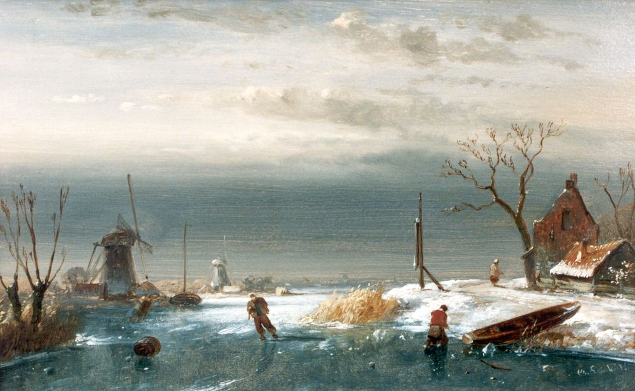 Leickert C.H.J. | 'Charles' Henri Joseph Leickert, Molenlandschap met schaatsers op bevroren vaart, olieverf op paneel 13,9 x 22,0 cm, gesigneerd rechtsonder Leickert C.H.J. | 'Charles' Henri Joseph Leickert, Molenlandschap met schaatsers op bevroren vaart, olieverf op paneel 13,9 x 22,0 cm, gesigneerd rechtsonder