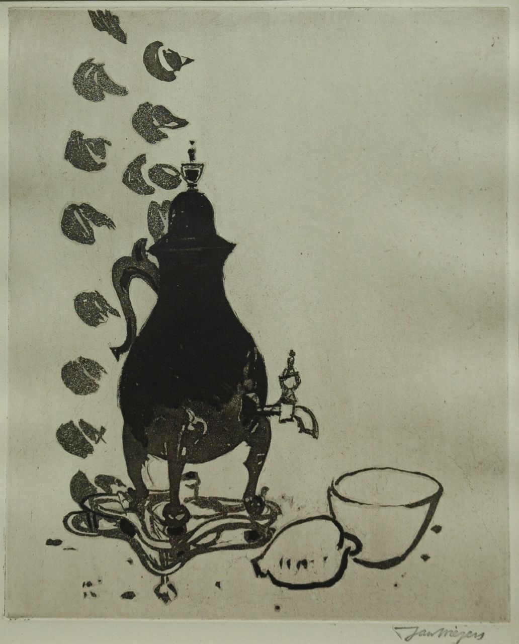 Wiegers J. | Jan Wiegers, Stilleven met kraantjeskan, aquatint 35,0 x 28,0 cm, gesigneerd rechtsonder met naamstempel Wiegers J. | Jan Wiegers, Stilleven met kraantjeskan, aquatint 35,0 x 28,0 cm, gesigneerd rechtsonder met naamstempel