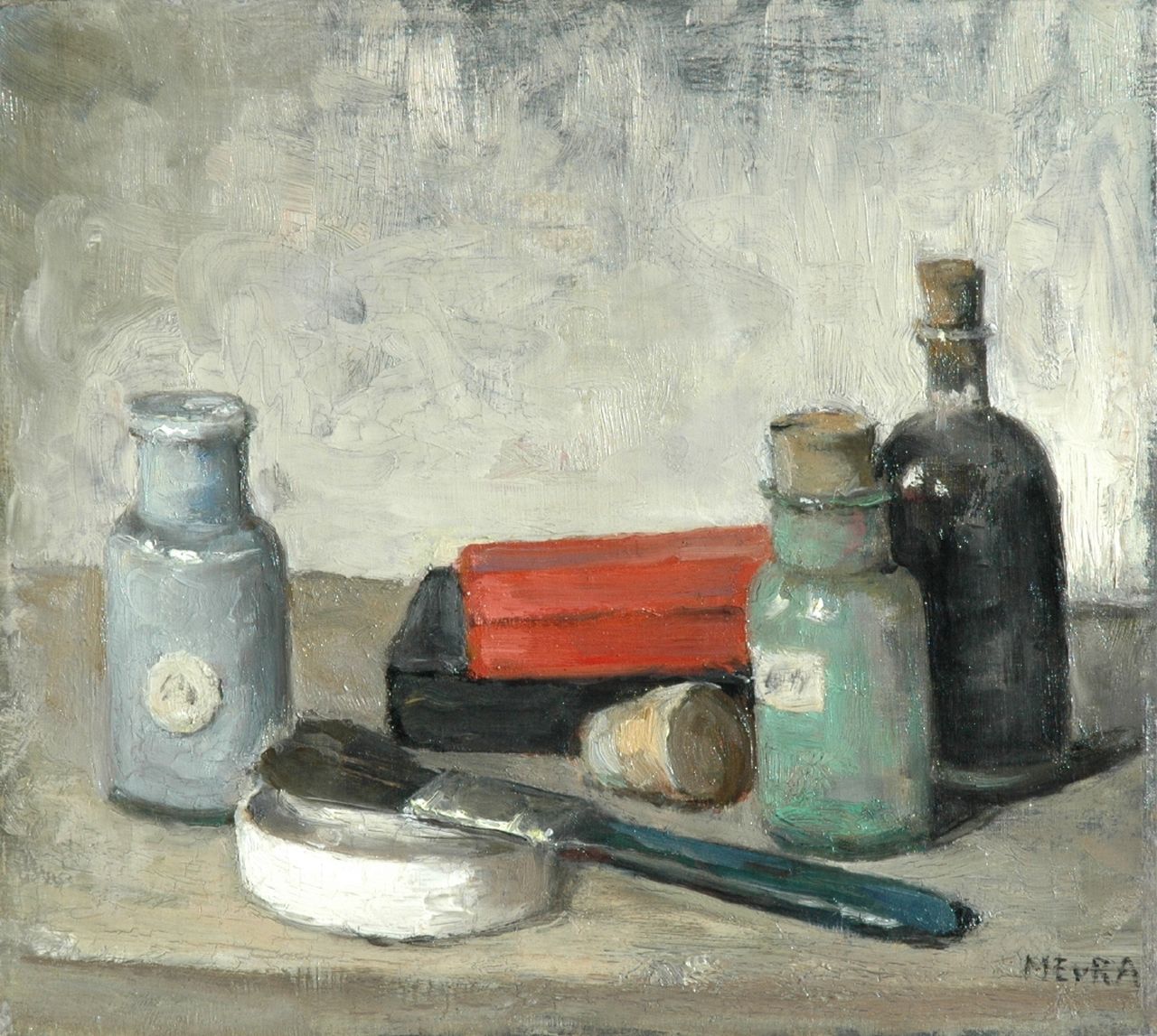 Regteren Altena M.E. van | 'Marie' Engelina van Regteren Altena, Schildersattributen, olieverf op doek 30,3 x 34,0 cm, gesigneerd rechtsonder met initialen Regteren Altena M.E. van | 'Marie' Engelina van Regteren Altena, Schildersattributen, olieverf op doek 30,3 x 34,0 cm, gesigneerd rechtsonder met initialen