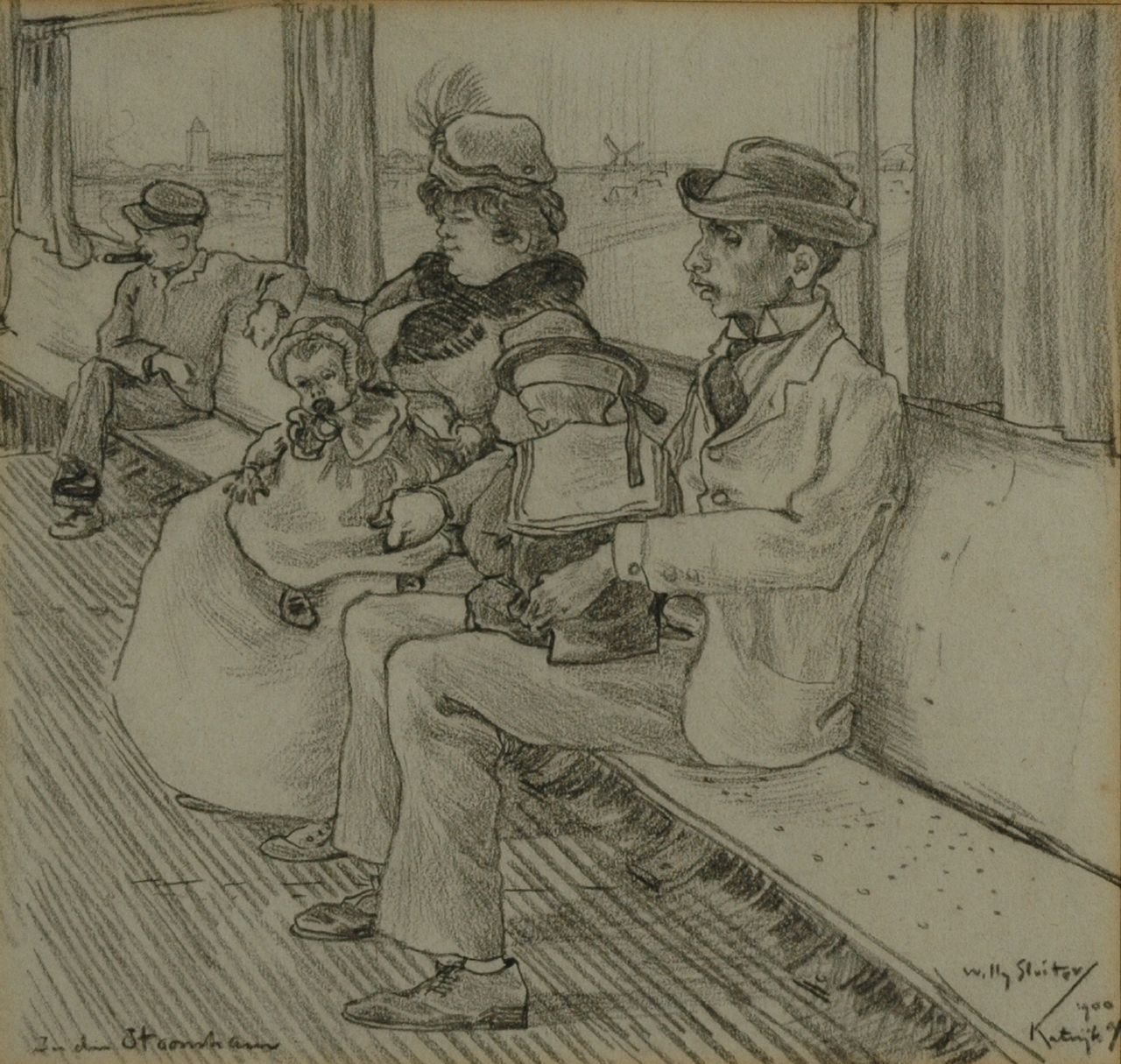Sluiter J.W.  | Jan Willem 'Willy' Sluiter, Welgesteld Katwijks gezin in de stoomtram, zwart krijt op papier 18,0 x 19,0 cm, gesigneerd rechtsonder en gedateerd '1900 Katwijk a/z'