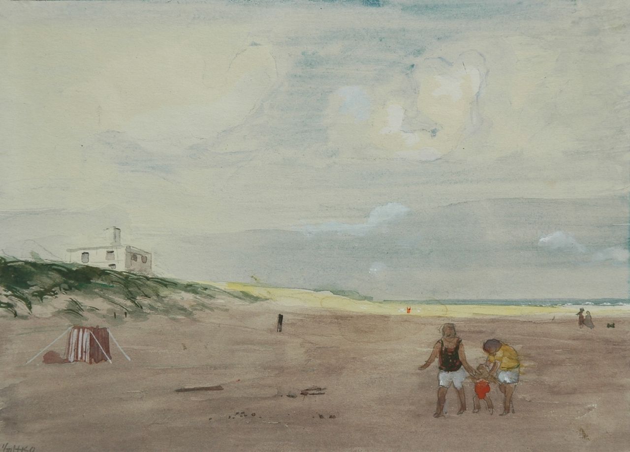 Kamerlingh Onnes H.H. | 'Harm' Henrick Kamerlingh Onnes, Het strand van Terschelling met Hotel Paal 8, aquarel op papier 20,0 x 27,5 cm, gesigneerd linksonder met monogram en gedateerd '60 Kamerlingh Onnes H.H. | 'Harm' Henrick Kamerlingh Onnes, Het strand van Terschelling met Hotel Paal 8, aquarel op papier 20,0 x 27,5 cm, gesigneerd linksonder met monogram en gedateerd '60