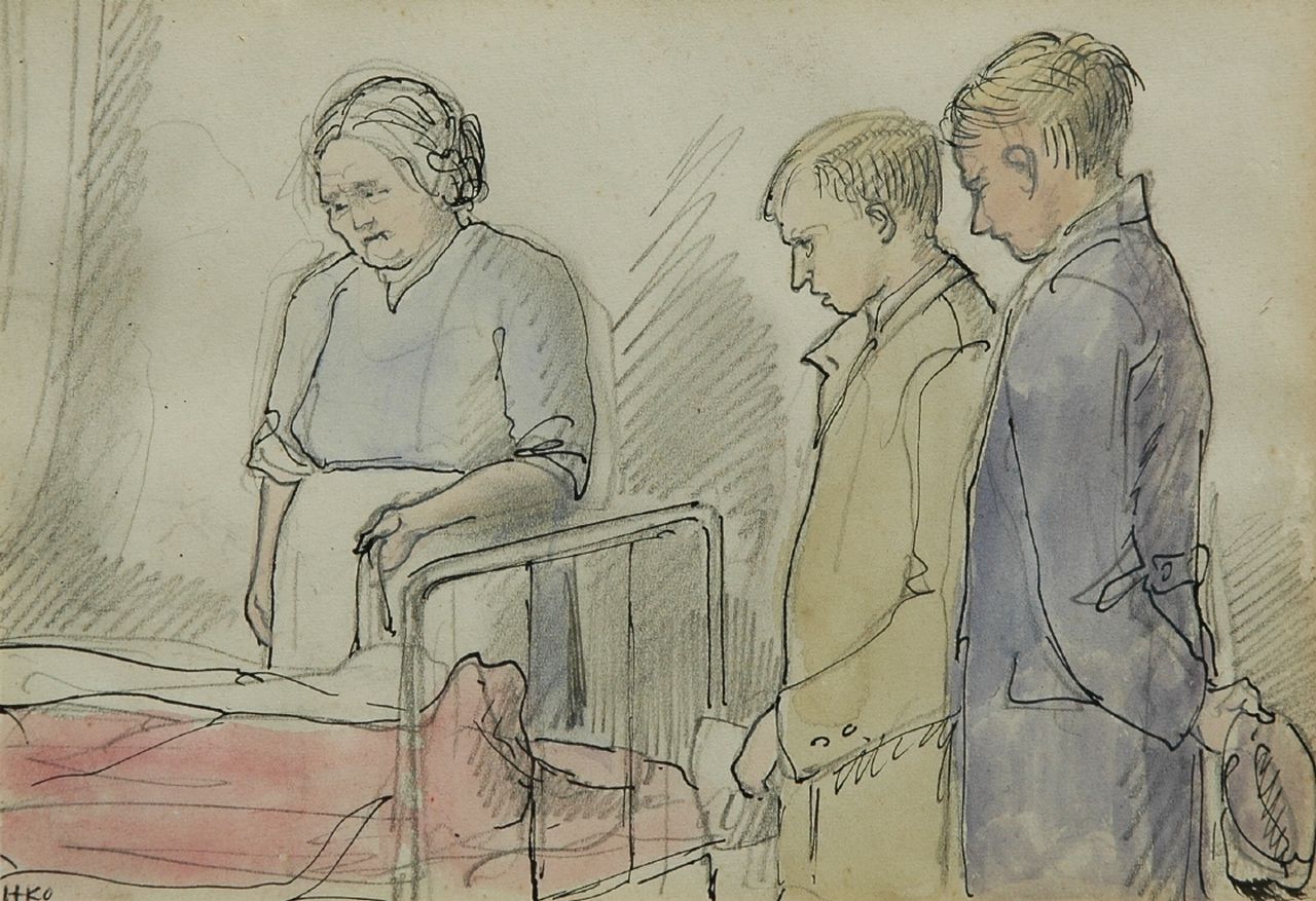 Kamerlingh Onnes H.H.  | 'Harm' Henrick Kamerlingh Onnes, Het bezoekuur, potlood, inkt en aquarel op papier 12,1 x 16,7 cm, gesigneerd linksonder met monogram