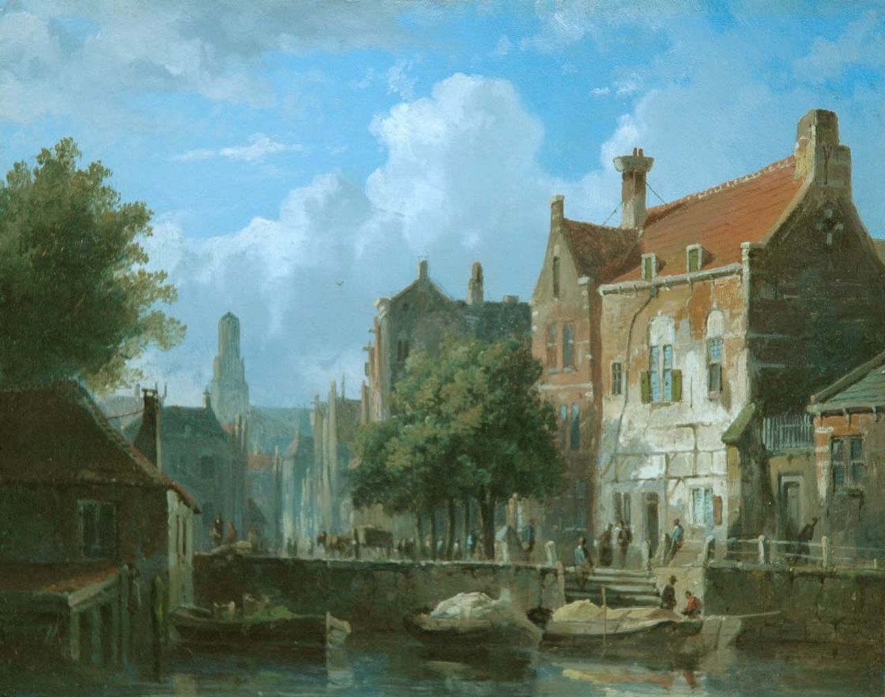 Eversen A.  | Adrianus Eversen, Stadsgrachtje met afgemeerde schuiten, olieverf op paneel 16,6 x 21,0 cm