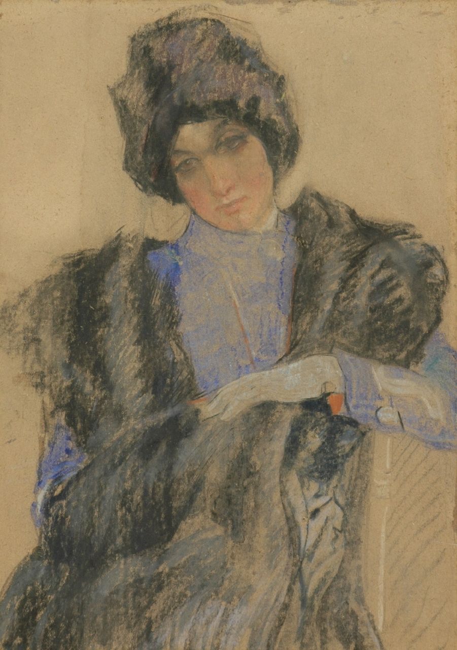 Vaarzon Morel W.F.A.I. | Wilhelm Ferdinand Abraham Isaac 'Willem' Vaarzon Morel, Jonge vrouw met hoed en stola, pastel op karton 72,1 x 52,0 cm Vaarzon Morel W.F.A.I. | Wilhelm Ferdinand Abraham Isaac 'Willem' Vaarzon Morel, Jonge vrouw met hoed en stola, pastel op karton 72,1 x 52,0 cm