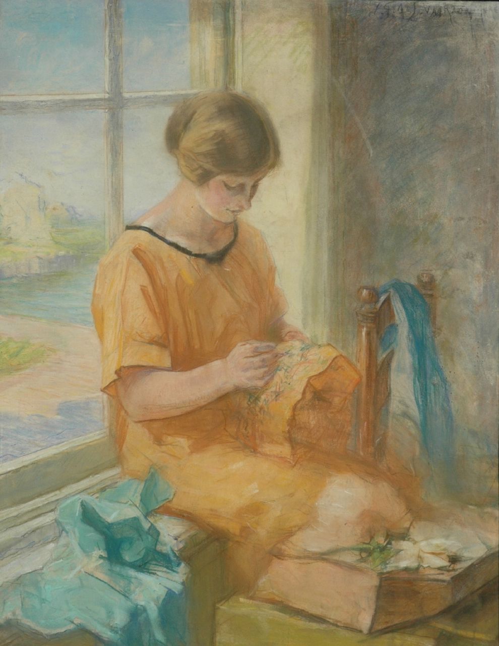 Vaarzon Morel W.F.A.I.  | Wilhelm Ferdinand Abraham Isaac 'Willem' Vaarzon Morel, Vrouw van de schilder bordurend, pastel op papier 66,0 x 51,0 cm, gesigneerd rechtsboven