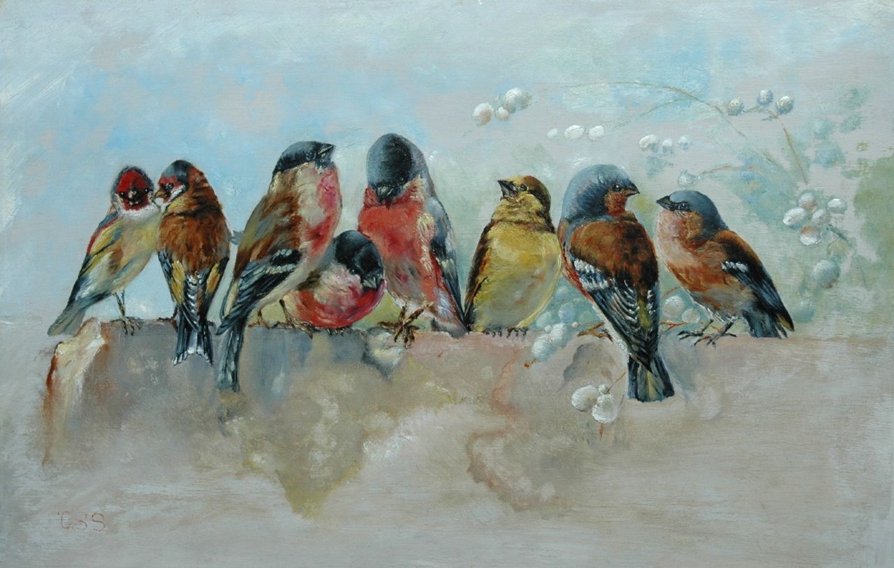 Stortenbeker C.S. | Cornelis Samuel Stortenbeker, Siervogels op een muurtje, olieverf op paneel 31,5 x 48,1 cm, gesigneerd linksonder met initialen Stortenbeker C.S. | Cornelis Samuel Stortenbeker, Siervogels op een muurtje, olieverf op paneel 31,5 x 48,1 cm, gesigneerd linksonder met initialen
