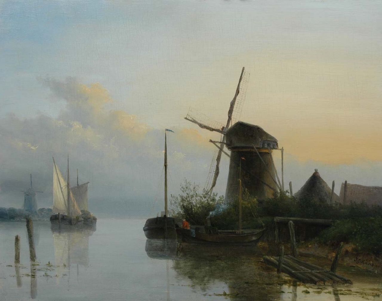 Hans J.G. | Josephus Gerardus Hans, Rivierlandschap bij vallende avond, olieverf op paneel 32,8 x 41,8 cm, gesigneerd rechtsonder en gedateerd '46 Hans J.G. | Josephus Gerardus Hans, Rivierlandschap bij vallende avond, olieverf op paneel 32,8 x 41,8 cm, gesigneerd rechtsonder en gedateerd '46
