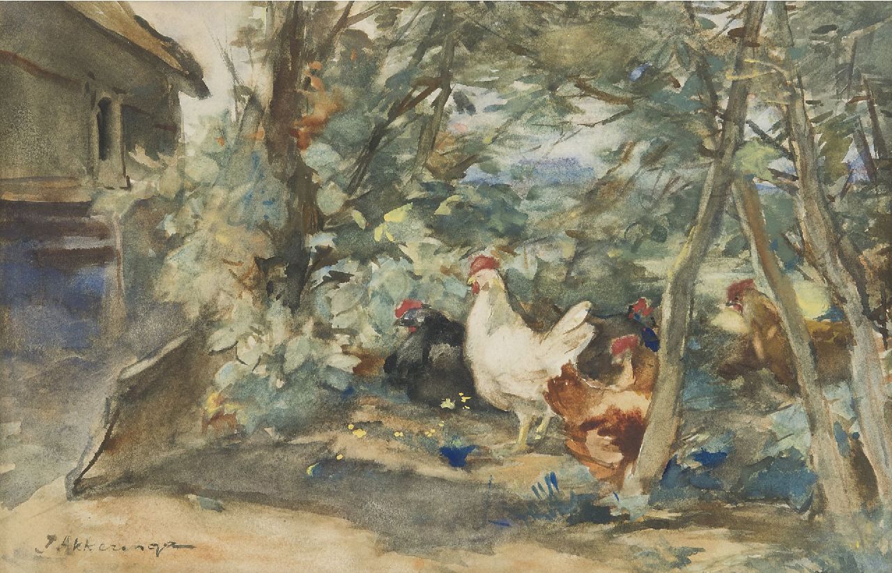 Akkeringa J.E.H.  | 'Johannes Evert' Hendrik Akkeringa | Aquarellen en tekeningen te koop aangeboden | Kippen op een erfje, aquarel op papier 18,7 x 29,3 cm, gesigneerd linksonder