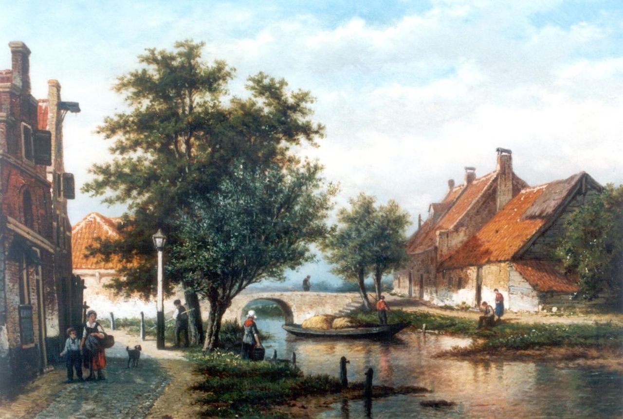Heerebaart G. | Georgius Heerebaart, Stadsgezicht met boer en duwboot, olieverf op paneel 26,2 x 36,0 cm, gesigneerd linksonder Heerebaart G. | Georgius Heerebaart, Stadsgezicht met boer en duwboot, olieverf op paneel 26,2 x 36,0 cm, gesigneerd linksonder
