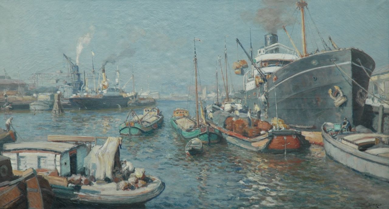 Moll E.  | Evert Moll, In de Katendrechtse haven, Rotterdam, olieverf op doek 97,0 x 177,5 cm, gesigneerd rechtsonder