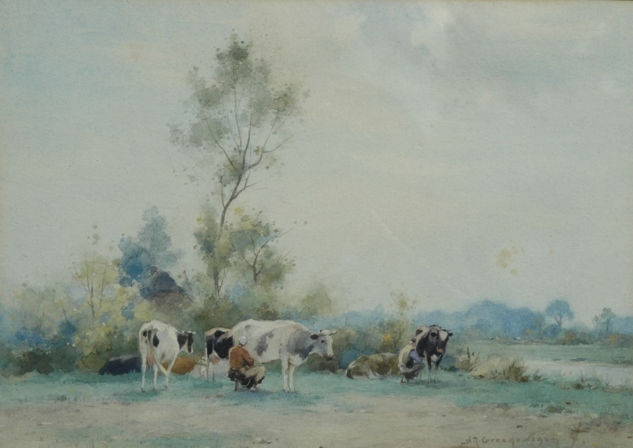Groenewegen A.J.  | Adrianus Johannes Groenewegen, Melktijd, aquarel op papier 30,5 x 22,0 cm, gesigneerd rechtsonder