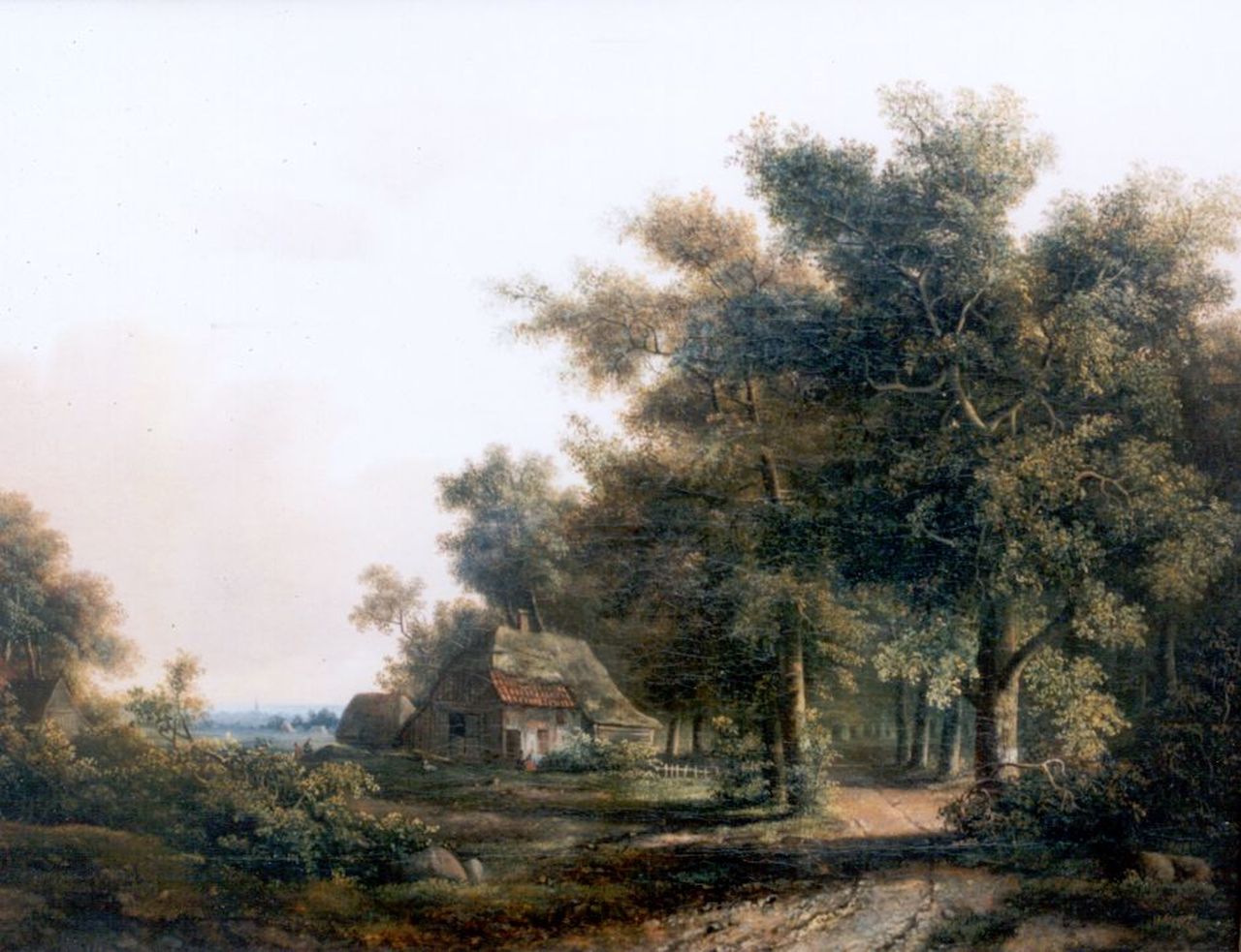 Jansen J.M. | Johannes Mauritz Jansen, Bebosd landschap met boeren en hond bij boerderij, olieverf op doek 38,0 x 49,0 cm, gesigneerd linksonder Jansen J.M. | Johannes Mauritz Jansen, Bebosd landschap met boeren en hond bij boerderij, olieverf op doek 38,0 x 49,0 cm, gesigneerd linksonder