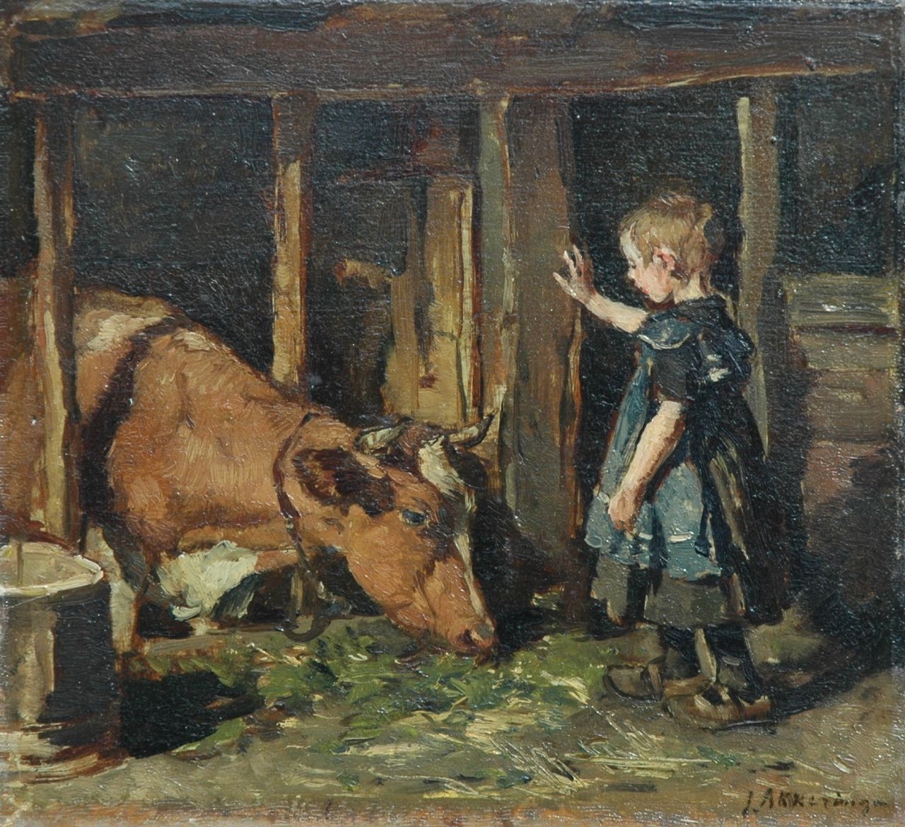 Akkeringa J.E.H. | 'Johannes Evert' Hendrik Akkeringa, In de koestal, olieverf op paneel 23,9 x 25,9 cm, gesigneerd rechtsonder en gedateerd verso Augts. 1909 Akkeringa J.E.H. | 'Johannes Evert' Hendrik Akkeringa, In de koestal, olieverf op paneel 23,9 x 25,9 cm, gesigneerd rechtsonder en gedateerd verso Augts. 1909