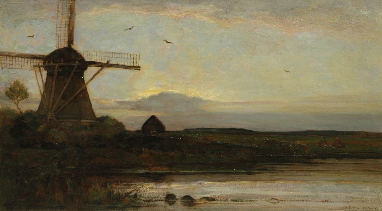 Mondriaan P.C.  | Pieter Cornelis 'Piet' Mondriaan, De Oostzijdse Molen bij ondergaande zon aan het Gein, olieverf op doek 75,2 x 132,4 cm, gesigneerd rechtsonder en te dateren ca. 1907