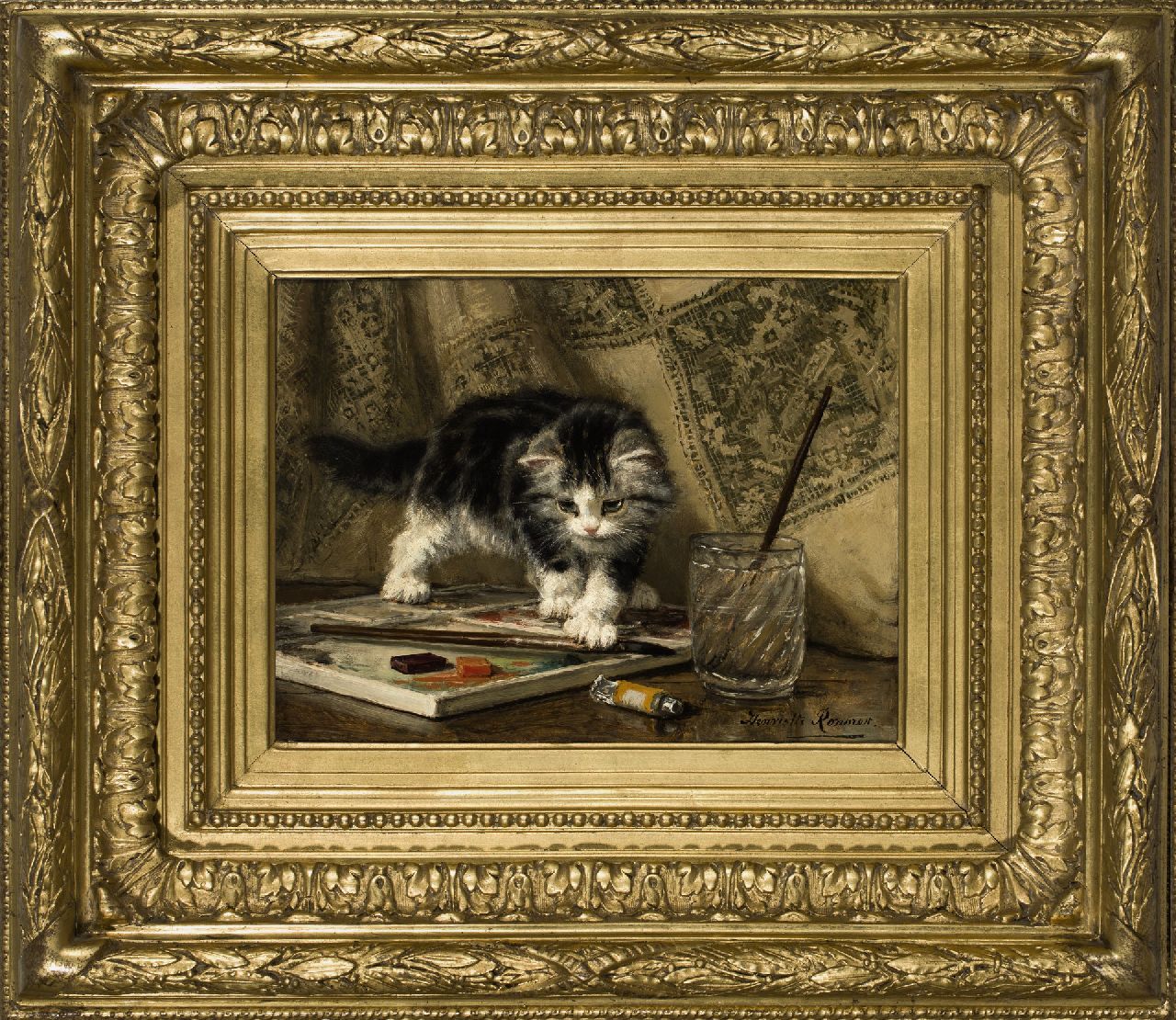 Ronner-Knip H. | Henriette Ronner-Knip, De aquarellist, olieverf op doek op paneel 24,0 x 32,1 cm, gesigneerd rechtsonder Ronner-Knip H. | Henriette Ronner-Knip, De aquarellist, olieverf op doek op paneel 24,0 x 32,1 cm, gesigneerd rechtsonder