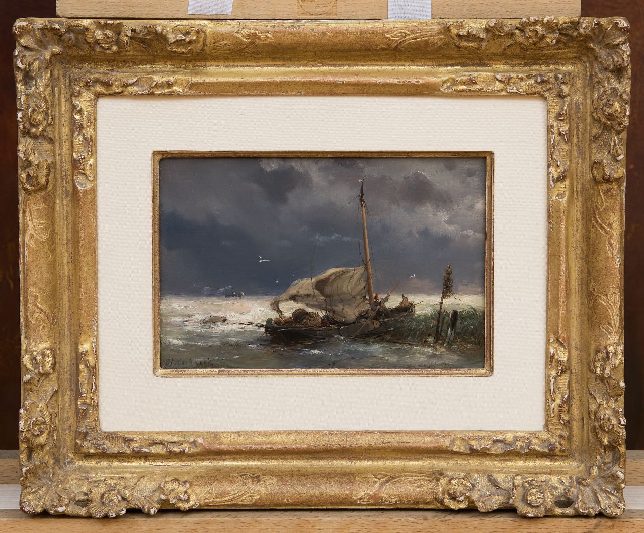 Koekkoek H. | Hermanus Koekkoek, Vissersboot en stoomschip in zwaar weer, olieverf op paneel 10,7 x 16,0 cm, gesigneerd linksonder en VERKOCHT Koekkoek H. | Hermanus Koekkoek, Vissersboot en stoomschip in zwaar weer, olieverf op paneel 10,7 x 16,0 cm, gesigneerd linksonder en VERKOCHT
