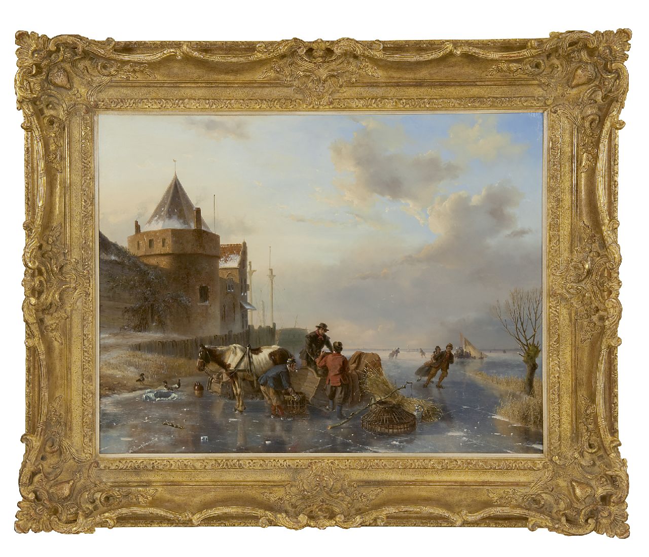 Roosenboom N.J.  | Nicolaas Johannes Roosenboom, Het afladen van de paardenslee, met de Amsterdamse Schreierstoren, olieverf op paneel 63,5 x 83,4 cm, gesigneerd linksonder en te dateren 1844-1845