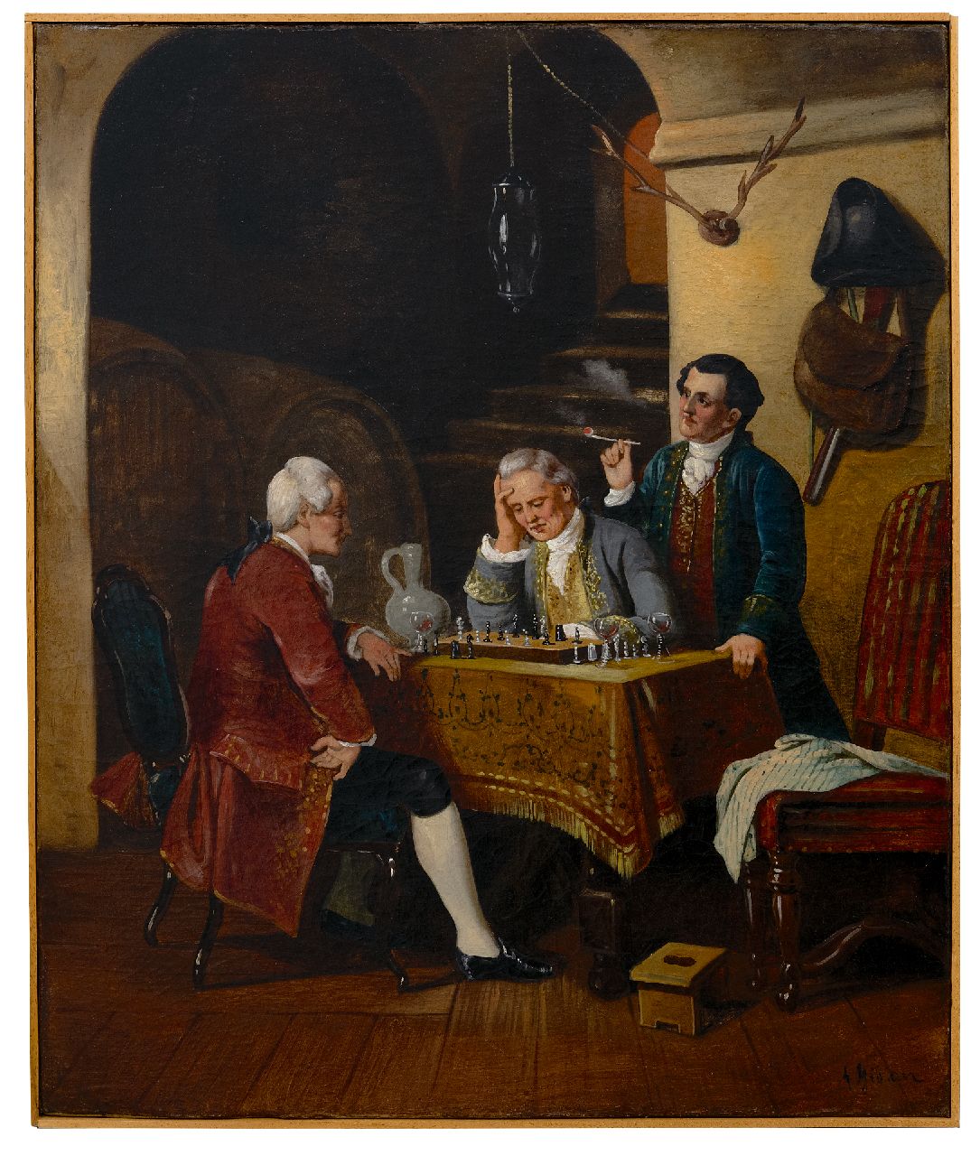 Engelse School, 19e eeuw   | Engelse School, 19e eeuw | Schilderijen te koop aangeboden | Schaakspelers in een wijnkelder, olieverf op doek 69,0 x 55,8 cm, gesigneerd rechtsonder