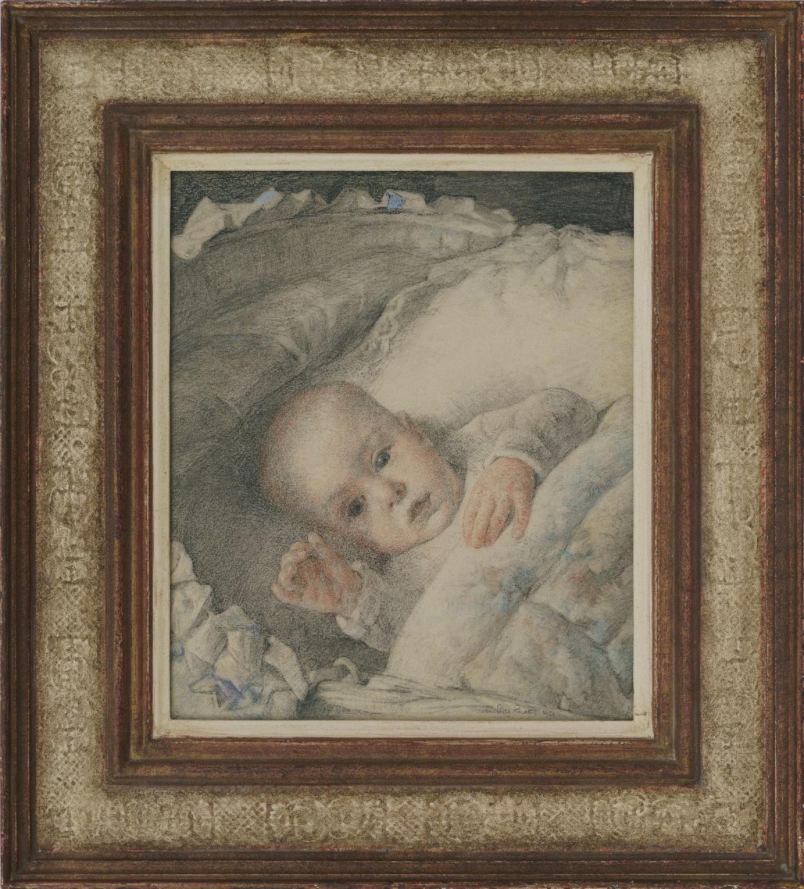 Rueter W.C.G.  | Wilhelm Christian 'Georg' Rueter | Aquarellen en tekeningen te koop aangeboden | Babyportret van Jan Peter Moes, kleurpotlood en krijt op papier 32,6 x 27,9 cm, gesigneerd rechtsonder en gedateerd 1920