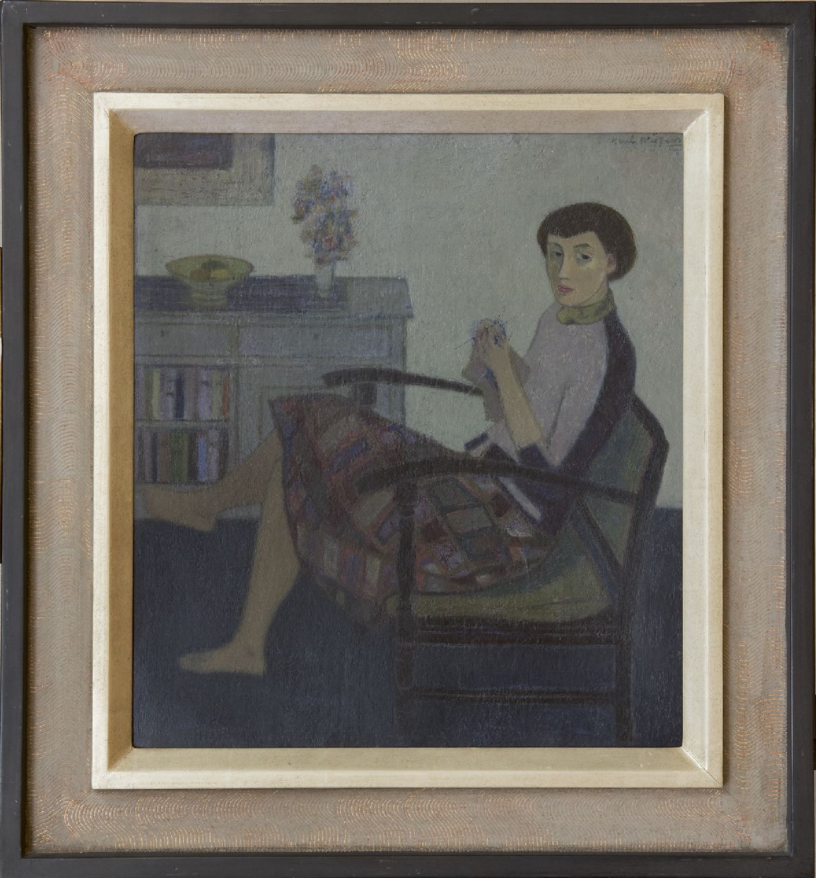 Wiggers K.H. | 'Karel' Hendrik Wiggers, Breiende vrouw, olieverf op board 50,3 x 44,8 cm, gesigneerd rechtsboven Wiggers K.H. | 'Karel' Hendrik Wiggers, Breiende vrouw, olieverf op board 50,3 x 44,8 cm, gesigneerd rechtsboven