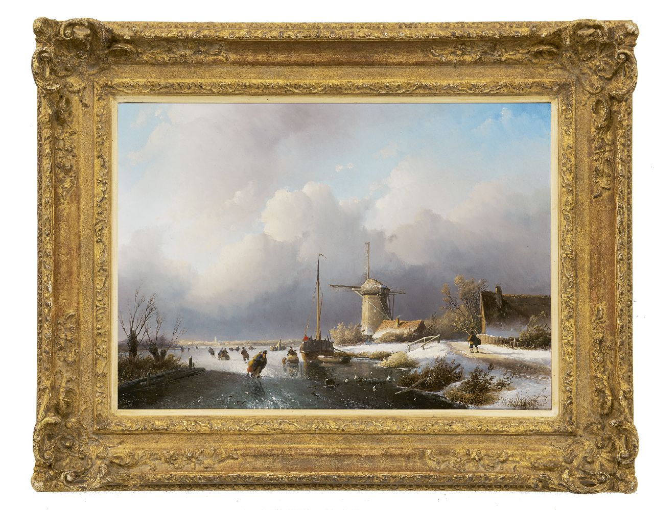 Spohler J.J.  | Jan Jacob Spohler, Schaatsplezier op een vaart bij een molen, olieverf op paneel 39,2 x 55,3 cm, gesigneerd linksonder