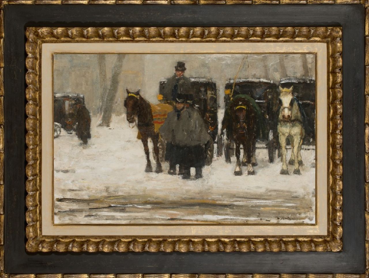 Arntzenius P.F.N.J.  | Pieter Florentius Nicolaas Jacobus 'Floris' Arntzenius, Huurkoetsen in de sneeuw, olieverf op paneel 38,7 x 59,4 cm, gesigneerd rechtsonder en te dateren ca. 1895