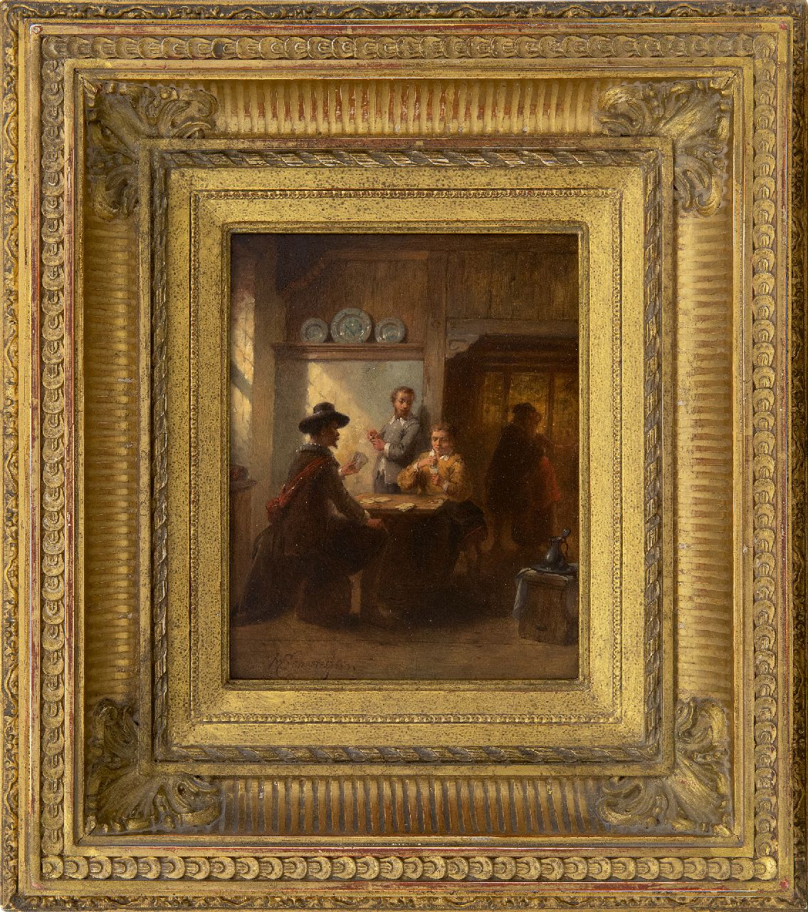 Scheeres H.J. | Hendricus Johannes Scheeres, Kaartspelers en vrijage in Oudhollands interieur, olieverf op paneel 18,6 x 15,1 cm, gesigneerd linksonder en gedateerd '63 Scheeres H.J. | Hendricus Johannes Scheeres, Kaartspelers en vrijage in Oudhollands interieur, olieverf op paneel 18,6 x 15,1 cm, gesigneerd linksonder en gedateerd '63