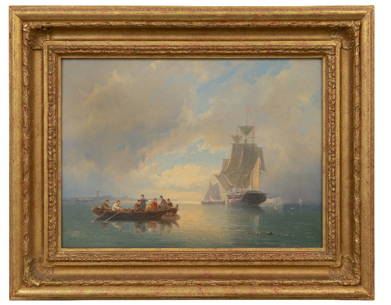 Dommershuijzen P.C.  | Pieter Cornelis Dommershuijzen | Schilderijen te koop aangeboden | Oorlogsfregat, een saluutschot afvurend voor de kust, olieverf op doek 27,5 x 38,1 cm, gesigneerd linksonder (vaag) en gedateerd 1884, zonder lijst