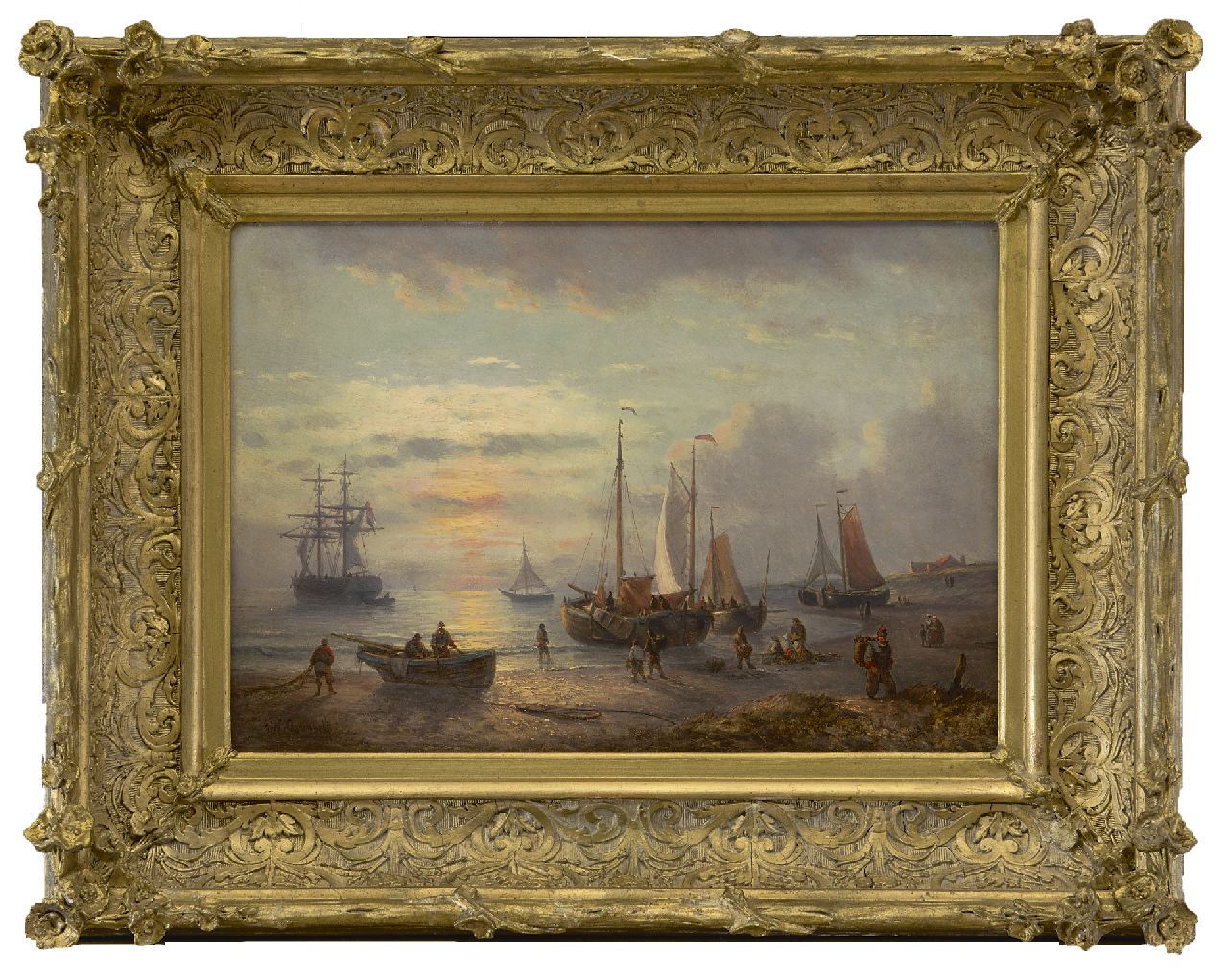 Opdenhoff G.W. | Witzel 'George Willem' Opdenhoff, Vissers en pinken op het strand bij ondergaande zon, olieverf op paneel 21,6 x 31,1 cm, gesigneerd linksonder Opdenhoff G.W. | Witzel 'George Willem' Opdenhoff, Vissers en pinken op het strand bij ondergaande zon, olieverf op paneel 21,6 x 31,1 cm, gesigneerd linksonder