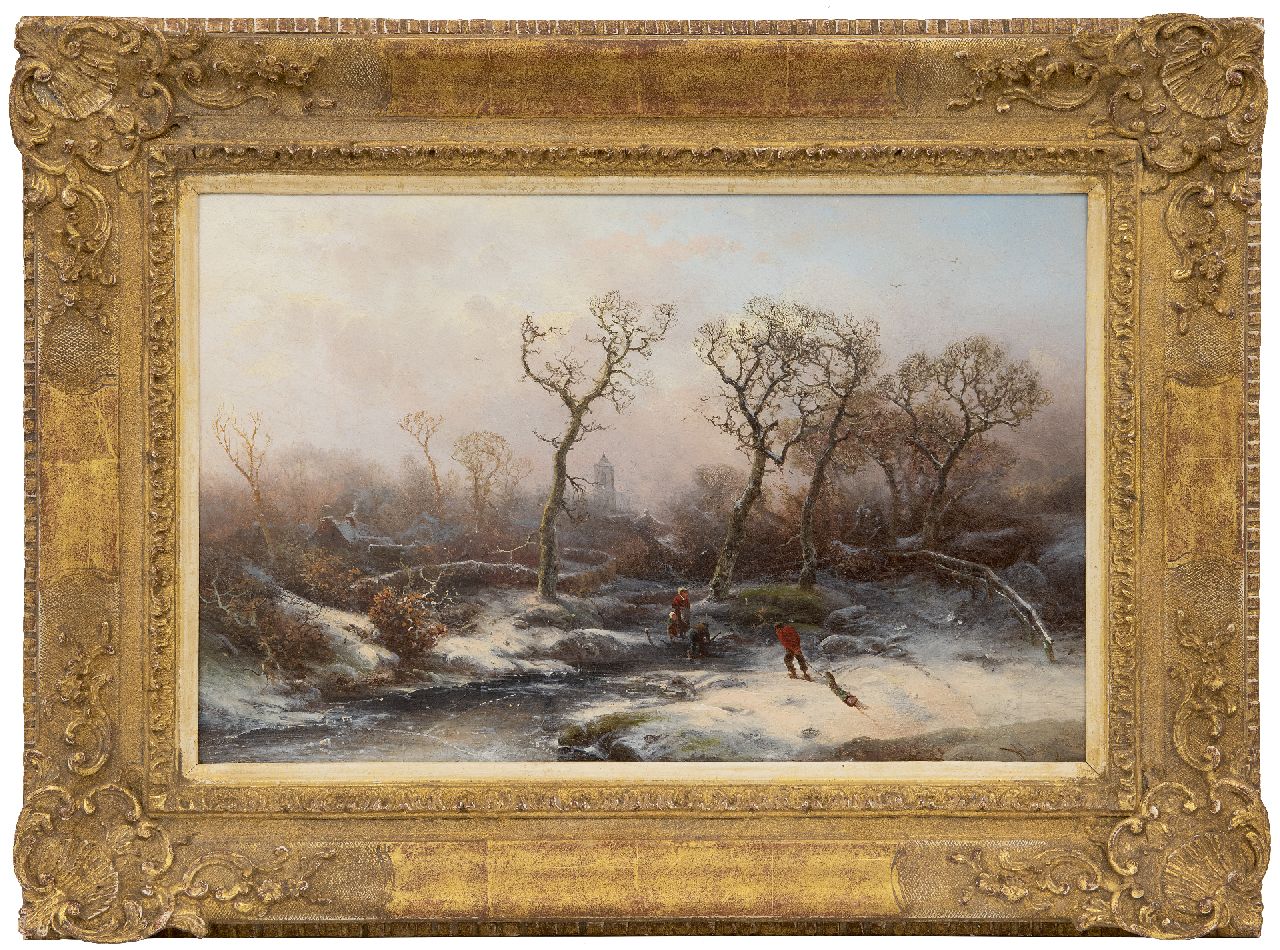 Kluyver P.L.F. | 'Pieter' Lodewijk Francisco Kluyver | Schilderijen te koop aangeboden | Winterlandschap met houtsprokkelaars, olieverf op paneel 30,8 x 47,6 cm, gesigneerd rechtsonder Kluyver P.L.F. | 'Pieter' Lodewijk Francisco Kluyver | Schilderijen te koop aangeboden | Winterlandschap met houtsprokkelaars, olieverf op paneel 30,8 x 47,6 cm, gesigneerd rechtsonder