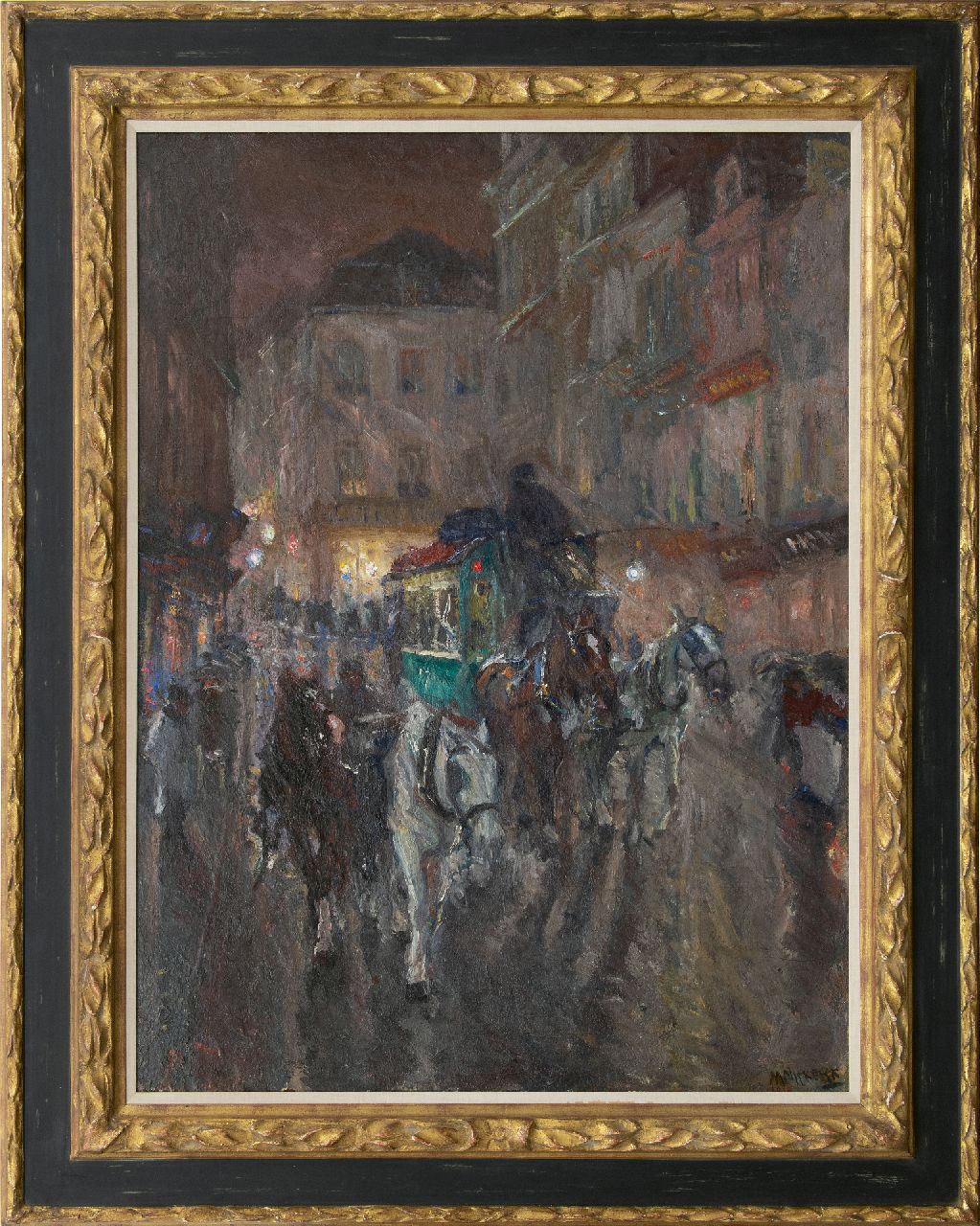 Niekerk M.J. | 'Maurits' Joseph Niekerk, Omnibus in de stad bij avond, olieverf op doek 115,5 x 85,3 cm, gesigneerd rechtsonder en gedateerd 1919 Niekerk M.J. | 'Maurits' Joseph Niekerk, Omnibus in de stad bij avond, olieverf op doek 115,5 x 85,3 cm, gesigneerd rechtsonder en gedateerd 1919