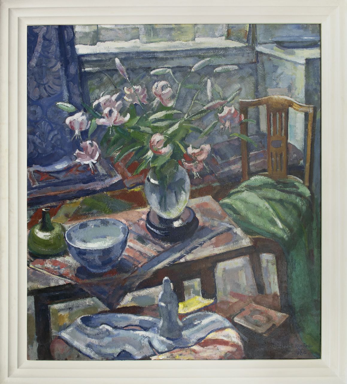 Koning R.  | Roeland Koning, Zithoek met vaas met lelies, olieverf op doek 161,3 x 139,7 cm, gesigneerd rechtsonder en gedateerd 1980