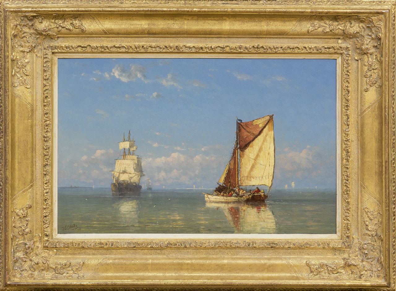 Schütz J.F. | Jan Frederik Schütz, Driemaster en vissersvaartuig op Zeeuwse wateren, olieverf op paneel 32,6 x 50,8 cm, gesigneerd linksonder en gedateerd '79 Schütz J.F. | Jan Frederik Schütz, Driemaster en vissersvaartuig op Zeeuwse wateren, olieverf op paneel 32,6 x 50,8 cm, gesigneerd linksonder en gedateerd '79