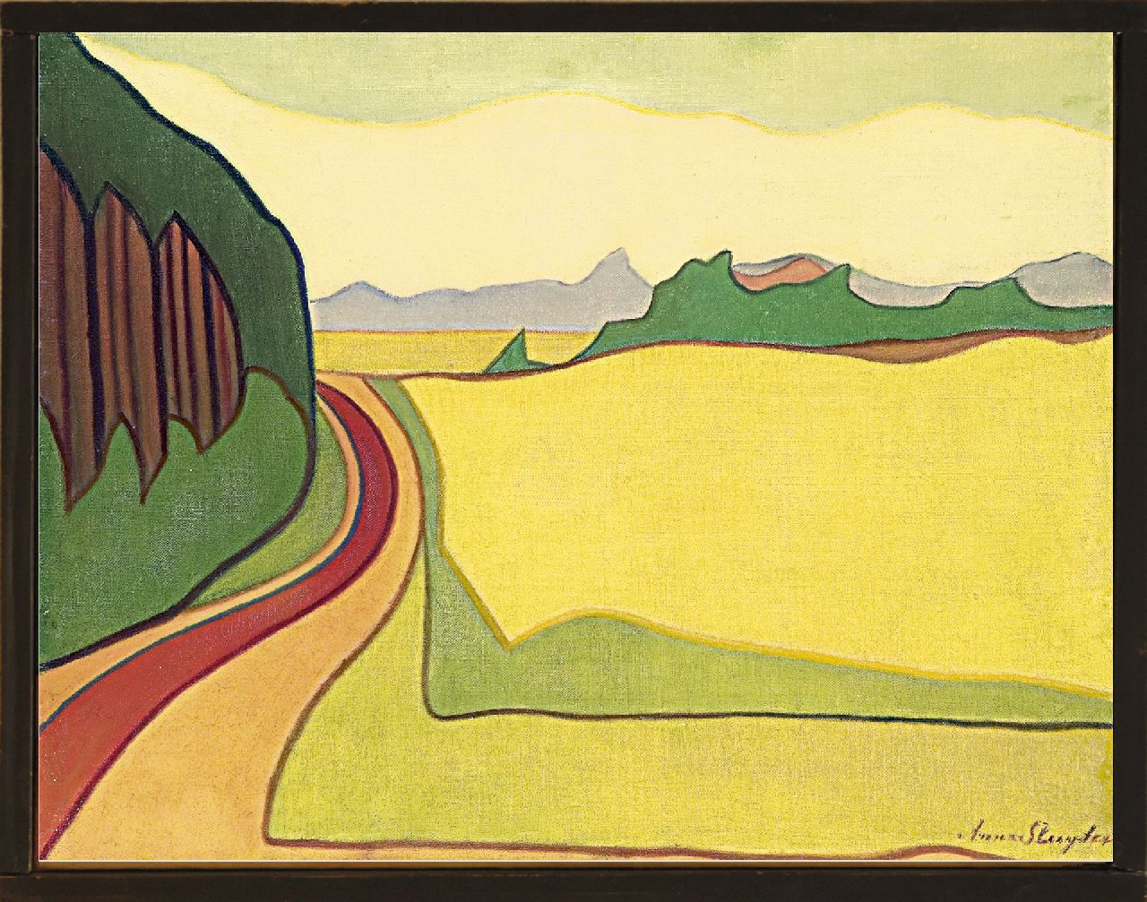 Sluijter J.J.H. | Johanna Jozina Helena 'Anna' Sluijter, Landschap met rode weg, Blaricum, olieverf op doek 55,3 x 71,3 cm, gesigneerd rechtsonder en te dateren ca. 1914 Sluijter J.J.H. | Johanna Jozina Helena 'Anna' Sluijter, Landschap met rode weg, Blaricum, olieverf op doek 55,3 x 71,3 cm, gesigneerd rechtsonder en te dateren ca. 1914