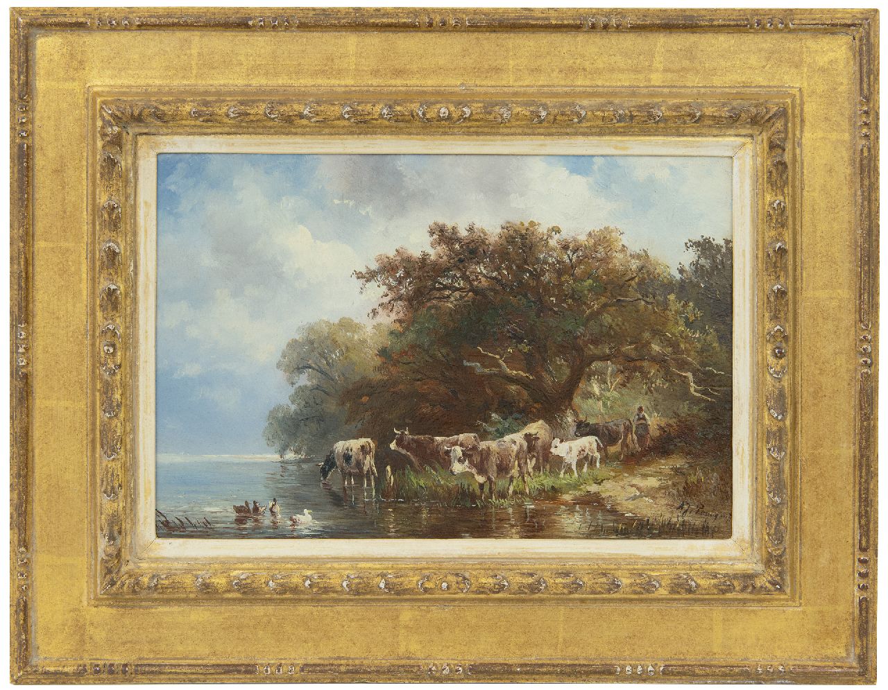 Prooijen A.J. van | Albert Jurardus van Prooijen | Schilderijen te koop aangeboden | Herderin met koeien langs de oever van een rivier, olieverf op paneel 19,7 x 29,1 cm, gesigneerd rechtsonder Prooijen A.J. van | Albert Jurardus van Prooijen | Schilderijen te koop aangeboden | Herderin met koeien langs de oever van een rivier, olieverf op paneel 19,7 x 29,1 cm, gesigneerd rechtsonder