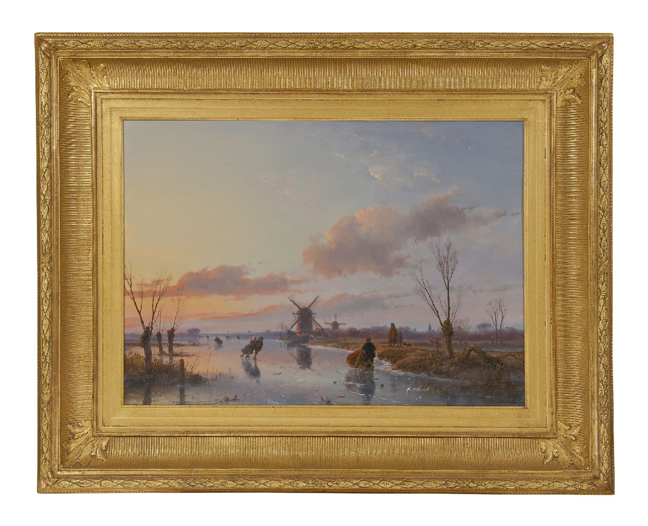 Schelfhout A. | Andreas Schelfhout, IJsgezicht met schaatsers in de avondzon, olieverf op paneel 47,1 x 66,3 cm, gesigneerd rechtsonder met initiaal A. en achternaam vaag en gedateerd 1845 Schelfhout A. | Andreas Schelfhout, IJsgezicht met schaatsers in de avondzon, olieverf op paneel 47,1 x 66,3 cm, gesigneerd rechtsonder met initiaal A. en achternaam vaag en gedateerd 1845