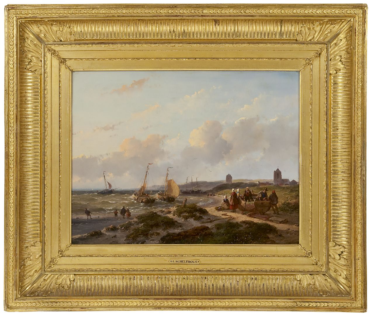 Schelfhout A.  | Andreas Schelfhout, Vissersschepen voor de kust van Katwijk, olieverf op paneel 33,5 x 44,0 cm, gesigneerd rechtsonder en gedateerd '57