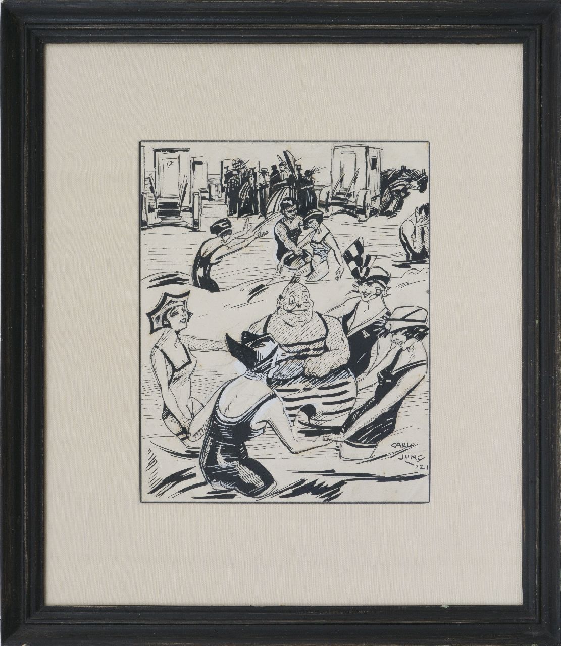 Jung C.H.  | Carel Hendrik 'Carlo' Jung | Aquarellen en tekeningen te koop aangeboden | Badfestijn, Oost-Indische inkt op papier 22,0 x 24,0 cm, gesigneerd rechtsonder en gedateerd '21