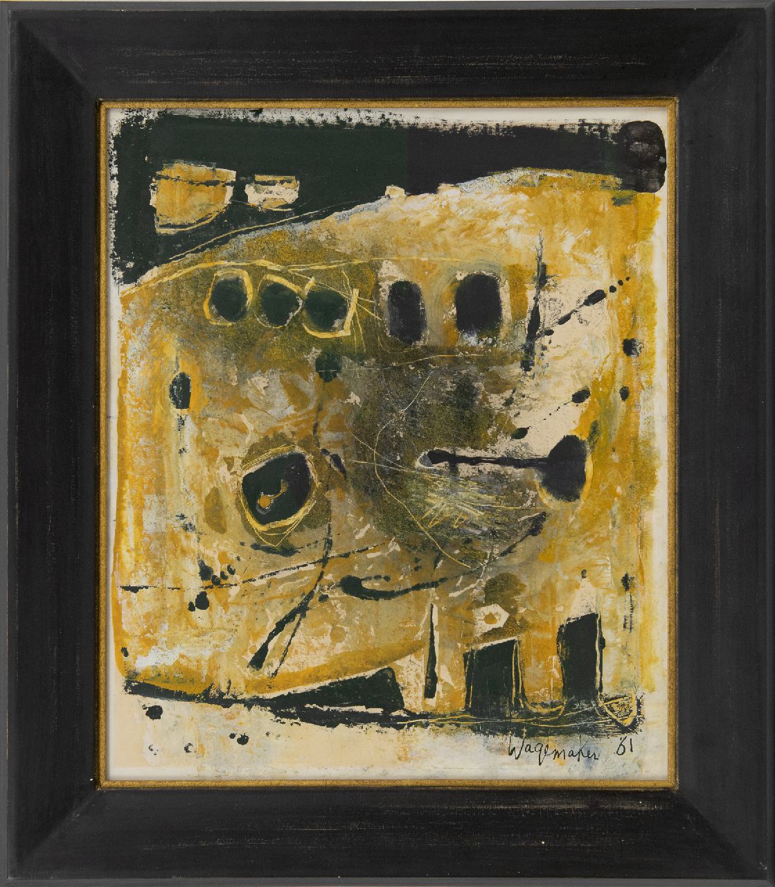 Wagemaker A.B. | Adriaan Barend 'Jaap' Wagemaker, Abstract in geel en zwart, gemengde techniek op papier 54,0 x 44,5 cm, gesigneerd rechtsonder en gedateerd '61 Wagemaker A.B. | Adriaan Barend 'Jaap' Wagemaker, Abstract in geel en zwart, gemengde techniek op papier 54,0 x 44,5 cm, gesigneerd rechtsonder en gedateerd '61