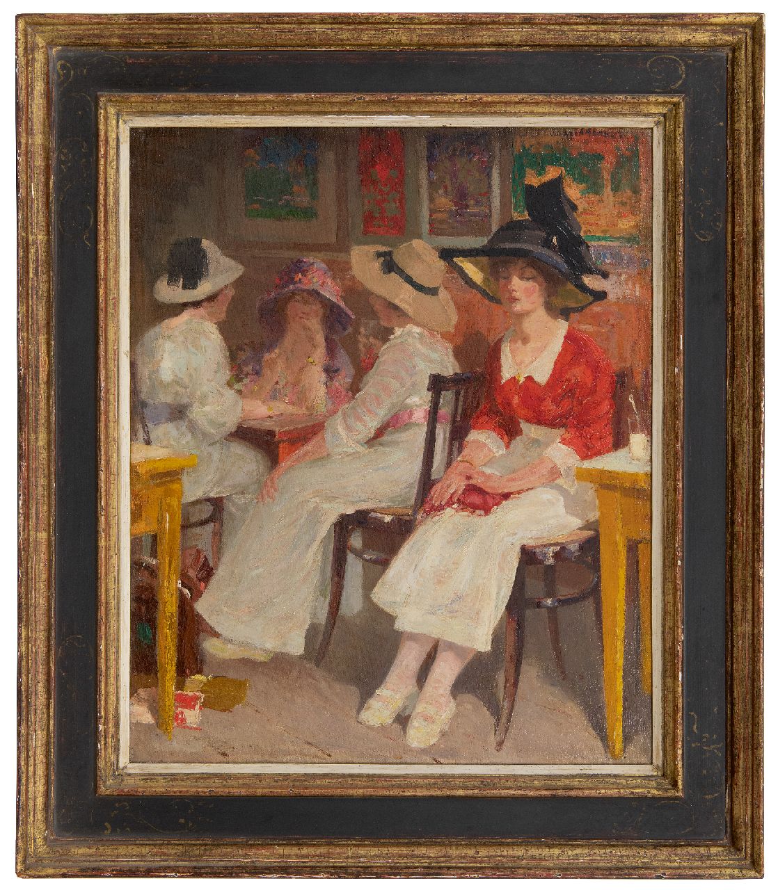 Vaarzon Morel W.F.A.I. | Wilhelm Ferdinand Abraham Isaac 'Willem' Vaarzon Morel, Jonge vrouwen in een theehuis, olieverf op doek 49,3 x 40,5 cm, gesigneerd rechtsboven Vaarzon Morel W.F.A.I. | Wilhelm Ferdinand Abraham Isaac 'Willem' Vaarzon Morel, Jonge vrouwen in een theehuis, olieverf op doek 49,3 x 40,5 cm, gesigneerd rechtsboven