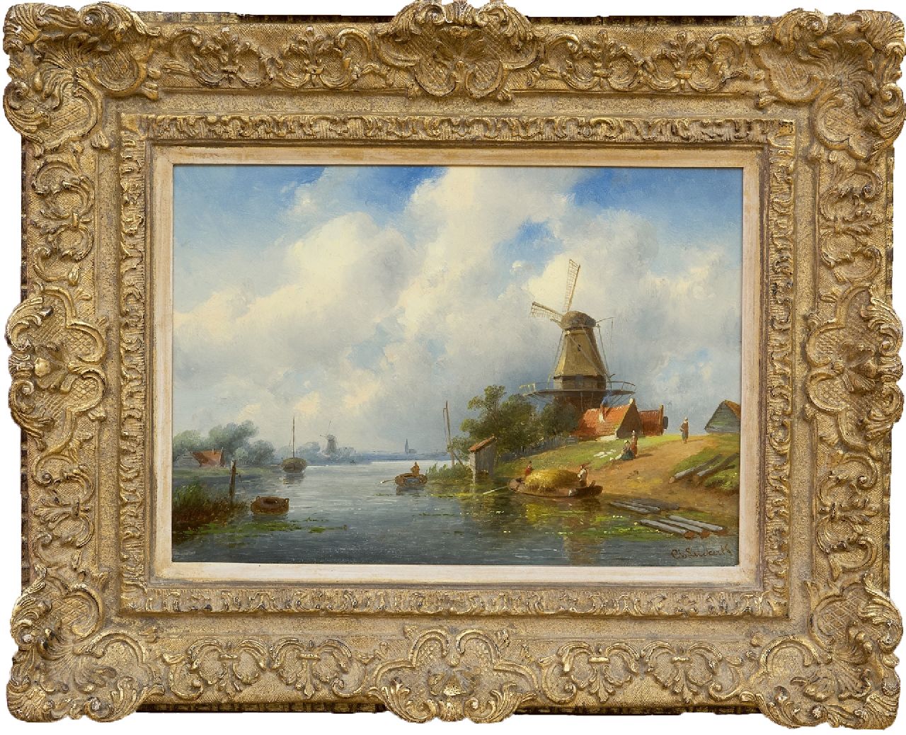 Leickert C.H.J. | 'Charles' Henri Joseph Leickert, Zomers riviergezicht met hooischuit en molen, olieverf op paneel 20,8 x 29,3 cm, gesigneerd rechtsonder Leickert C.H.J. | 'Charles' Henri Joseph Leickert, Zomers riviergezicht met hooischuit en molen, olieverf op paneel 20,8 x 29,3 cm, gesigneerd rechtsonder